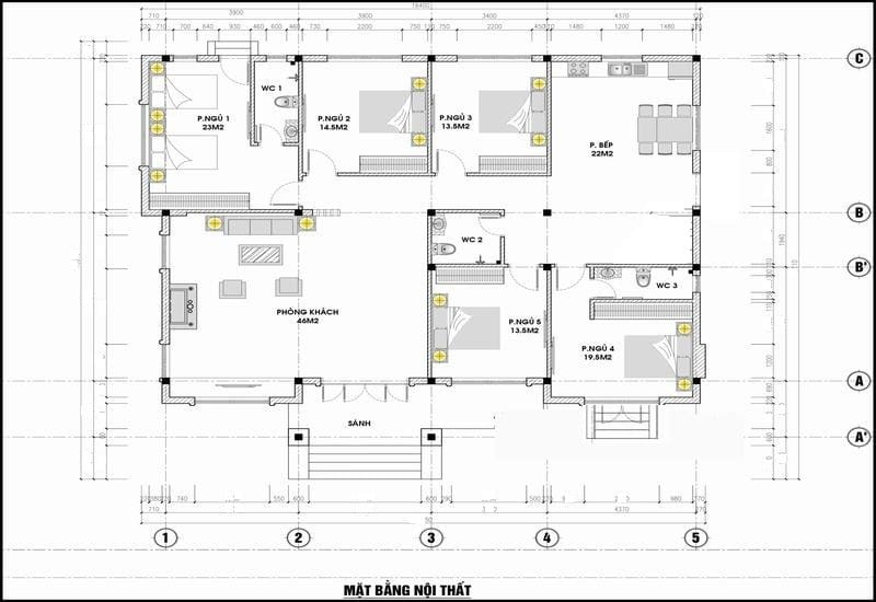 Bản vẽ mặt bằng công năng biệt thự 1 tầng 5 phòng ngủ