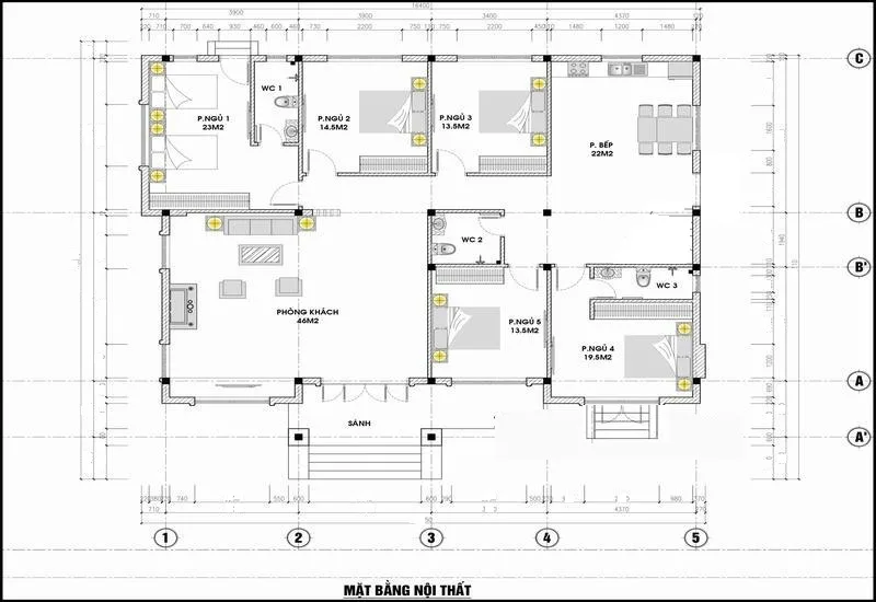 Bản vẽ mặt bằng công năng biệt thự 1 tầng 5 phòng ngủ