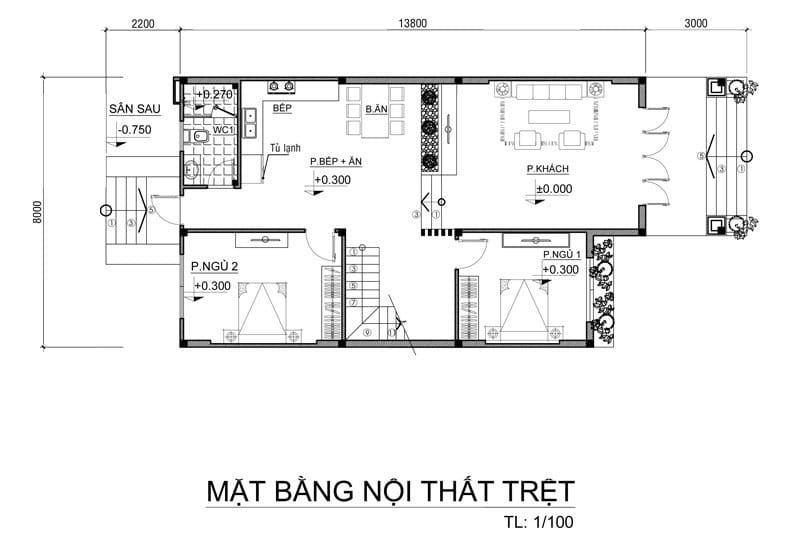 Bố trí mặt bằng tầng 1 mẫu nhà mái thái 2 tầng 5 phòng ngủ